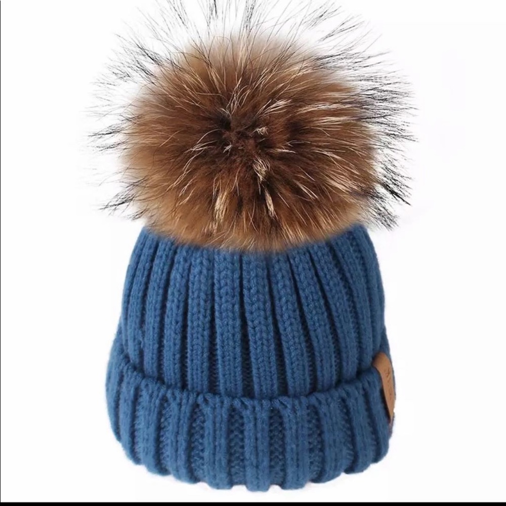 Blue baby boy pom pom hat